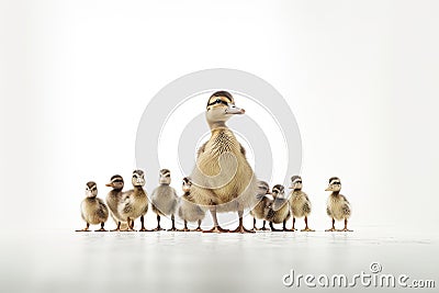 Cute duck and young duckling animals,Family walking on white background, Funny yellow group,AI generated Stock Photo