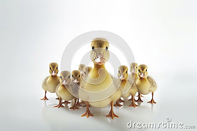 Cute duck and young duckling animals,Family walking on white background, Funny yellow group,AI generated Stock Photo