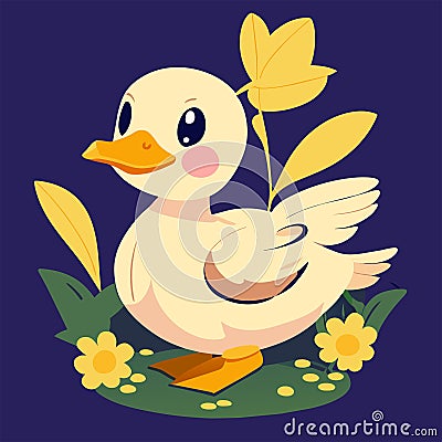 Cute duckling and flowers on the grass.. AI generated Cartoon Illustration