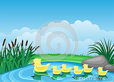 Cute ducks swimming on the pond. Vector Illustration