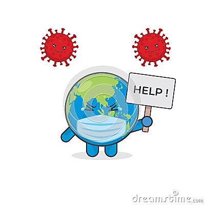 Cute Earth Characters Attacked By Viruses Vector Illustration