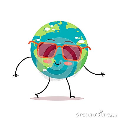 Cute earth character wearing sunglasses cartoon mascot globe personage save planet global warming concept isolated Vector Illustration