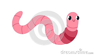 Cute earth worm. Happy smiling earthworm crawling. Amusing adorable insect character, grub with positive cheerful face Vector Illustration