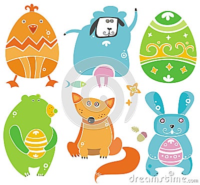 Cute Easter animals with eggs. Vector Illustration