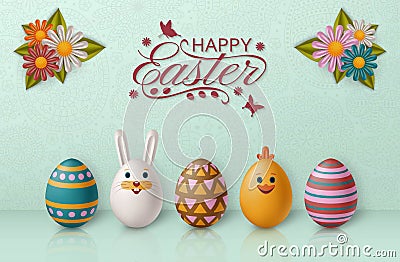 Cute Easter background with white bunny, chicken, eggs and flowers. Vector illustration. Vector Illustration