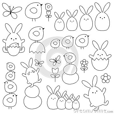 Cute Easter black outline vector stamps Vector Illustration