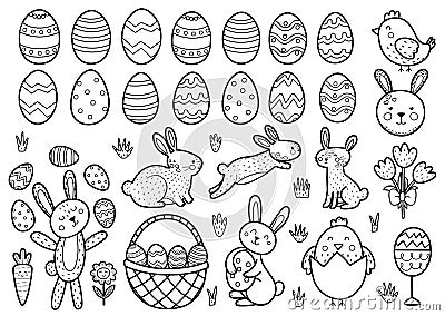 Cute Easter black and white elements collection. Spring funny clipart for kids design Vector Illustration