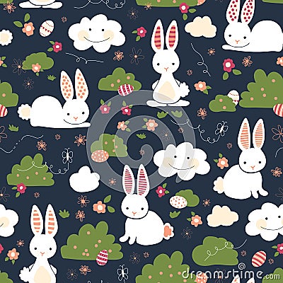 Cute Easter bunnies seamless vector kids pattern. Cute bunny, Easter eggs, flowers, clouds on blue background. Cartoon style Vector Illustration