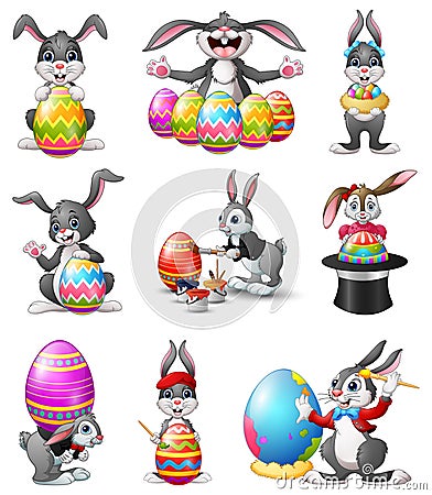 Cute Easter Bunnies set Vector Illustration