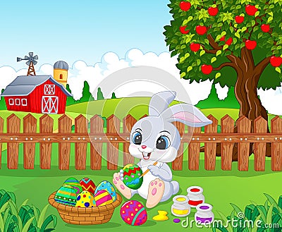 Cute Easter Bunny cartoon painting an egg in the garden Vector Illustration