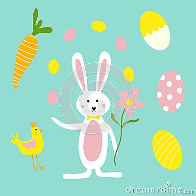 Cute Easter Bunny, Flowers, Carrots and Chicken Vector Illustration