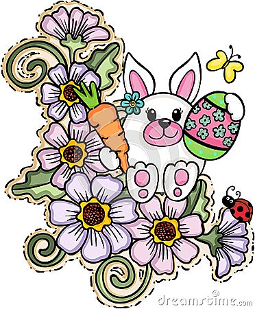 Cute Easter Bunny on Flowers Vector Illustration