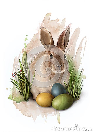 Cute Easter bunny in grass with three colourful painted eggs , sketch Stock Photo