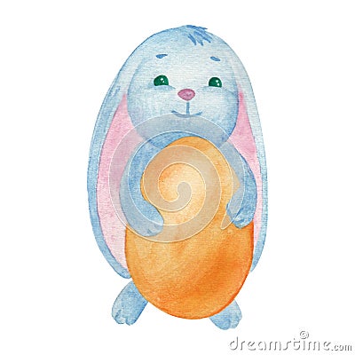 Cute Easter Bunny holding an egg. Beautiful children`s character. Preparation for a designer. Watercolor illustration in Cartoon Illustration