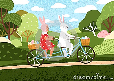 Cute Easter bunny and kid riding bicycle. Happy child and rabbit cycling with eggs for spring holiday. Girl and fairy Vector Illustration