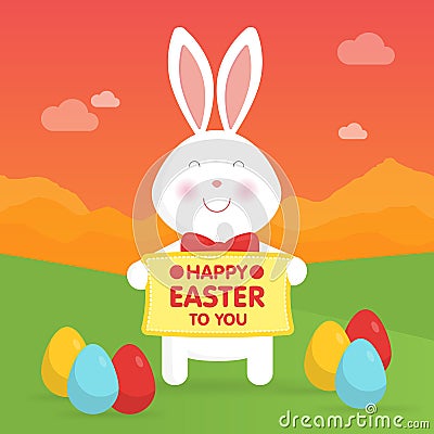 Cute Easter bunny in nature illustration. Cartoon Illustration