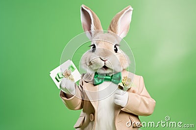 Cute Easter Bunny presenting a gift card - stock picture Stock Photo