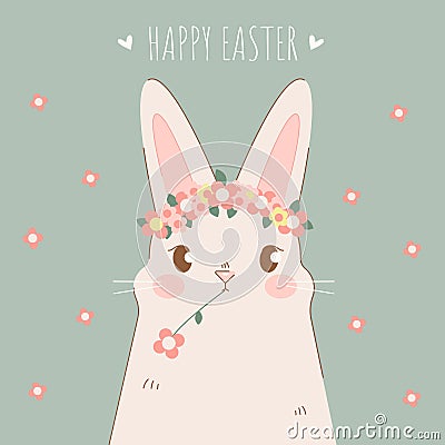 Cute Easter bunny rabbit with flowers. Happy easter card, social media post.Cartoon vector holiday illustration Vector Illustration