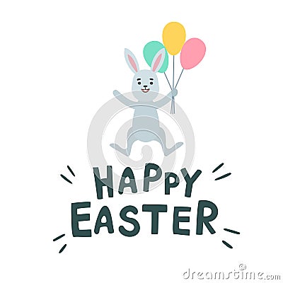 Cute easter bunny, easter rabbit. Greeting card with Happy Easter writing, letterin. Vector Vector Illustration