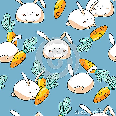 Cute easter bunny seamless pattern. Doodle easter rabbit with carrot on blue background. Backdrop for wrapping paper Vector Illustration