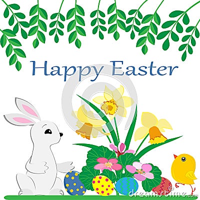 Cute Easter Bunny , yellow fluffy chicken , painted Easter eggs and bright spring flowers on white background Vector Illustration