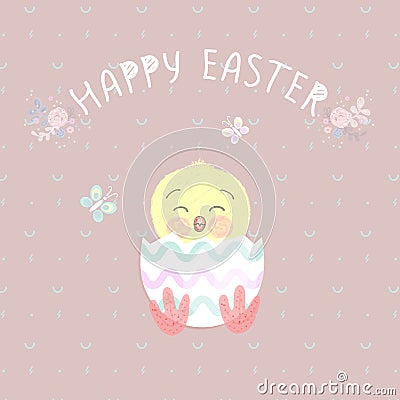 Cute Easter chicken in egg shell, Vector illustration. Vector Illustration