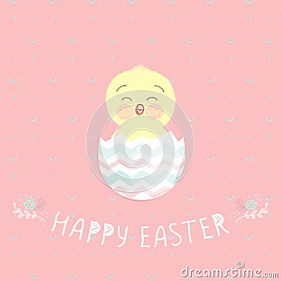 Cute Easter chicken in egg shell, Vector illustration. Vector Illustration