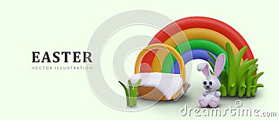 Cute Easter concept in children 3D style. Toy rabbit sits in grass near rainbow and basket of food Vector Illustration