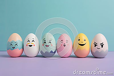 Cute Easter Eggs with Personality on Soft Pastel Background - Generative AI Stock Photo