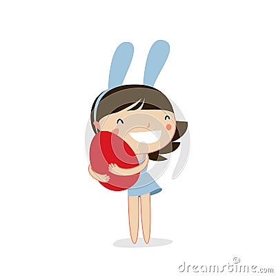 Cute easter girl with rabbit ears holding egg. Vector Illustration