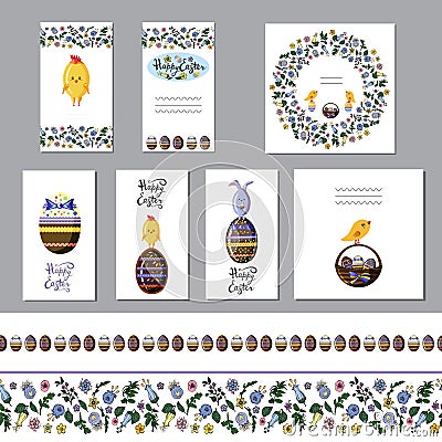 Cute easter greeting card set with chocolate eggs and seamless borders. Flat vector Vector Illustration