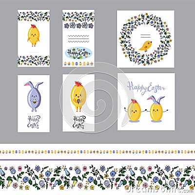 Cute easter greeting card set with motley eggs and seamless borders. Flat vector Vector Illustration