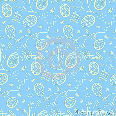 Cute Easter pattern with outline eggs and flowers Vector Illustration