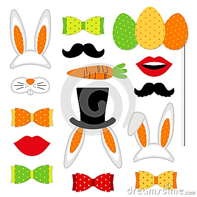 Cute Easter photo booth props as set of party graphic elements of easter bunny costume as mask, ears, eggs, carrot etc Vector Illustration