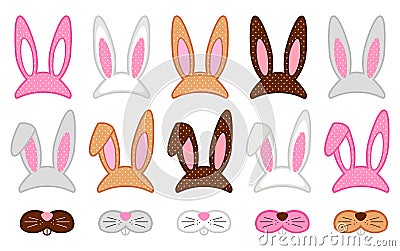 Cute Easter photo booth props as set of party graphic elements of easter bunny costume Vector Illustration