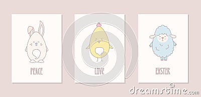 Cute Easter postcards set with chick, bunny, lamb. Vector illustration with text love, peace. Vector Illustration