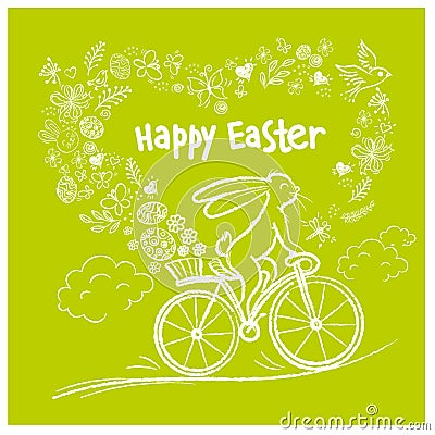 Cute Easter rabbit on city bicycle with gift egg in basket. Vector illustration Stock Photo