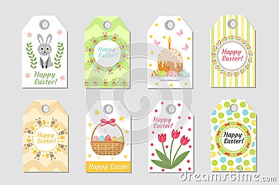 Cute Easter tags set. Labels collection with rabbit, eggs and flowers. Spring templates for your design. Vecto Vector Illustration