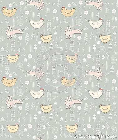 Cute Easter Theme Vector Pattern. Lovely Hand Drawn Rabbits and Hens. Vector Illustration
