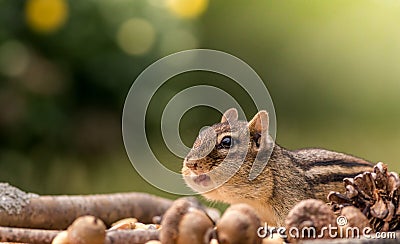 Cute Eastern Chipmunk cautiously looks on with cheeks filled in an Autumn seasonal scene Stock Photo