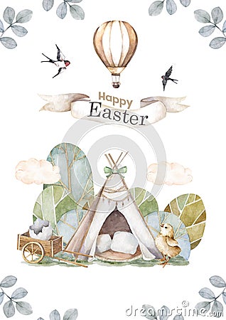 Cute Eater card with watercolor teepee and forest willife. Greeting design postcard Stock Photo