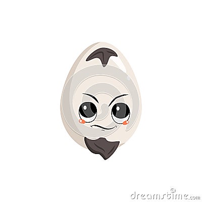 Cute egg character with emotions of suspicious, displeased face with beard Vector Illustration