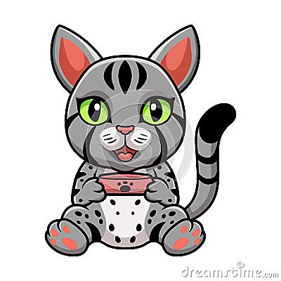 Cute egyptian mau cat cartoon holding food bowl Vector Illustration