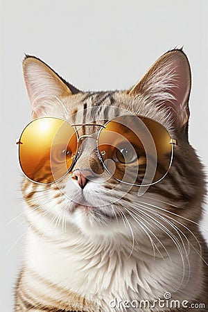 Cute Egyptian Mau Cat using sunglasses isolated on White background.Indoor pets, veterinary and advertising concept. Detailed Stock Photo