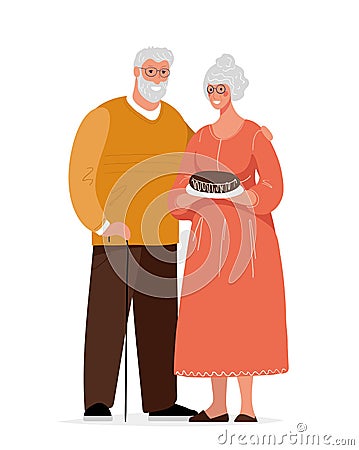 Cute elderly couple. Grandmother and grandfather. Grandpa with a cane and glasses hugs his wife. Happy granny with a pie. Flat Cartoon Illustration