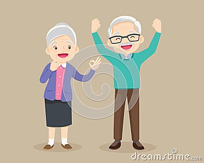 Cute Elderly couple showing strong body raising hands Vector Illustration