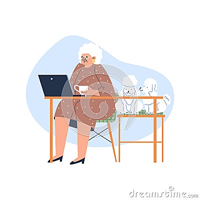 Cute elderly woman in pet friendly coffee shop, vector illustration isolated. Vector Illustration