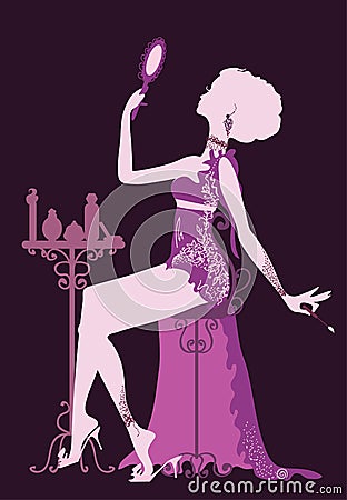 Cute elegant woman in lingerie with mirror Vector Illustration