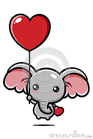 Cute elephant animal cartoon character flying with a balloon Vector Illustration