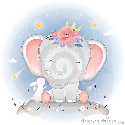 Cute elephant and bunny On a night with a meteor Vector Illustration
